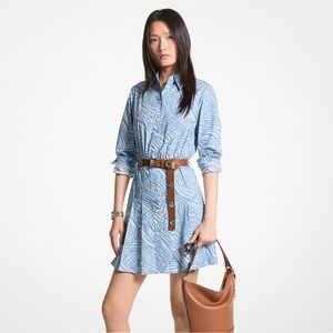 MICHAEL KORS Zebra Print Stretch Cotton Poplin Blue White Shirt Dress Size Small